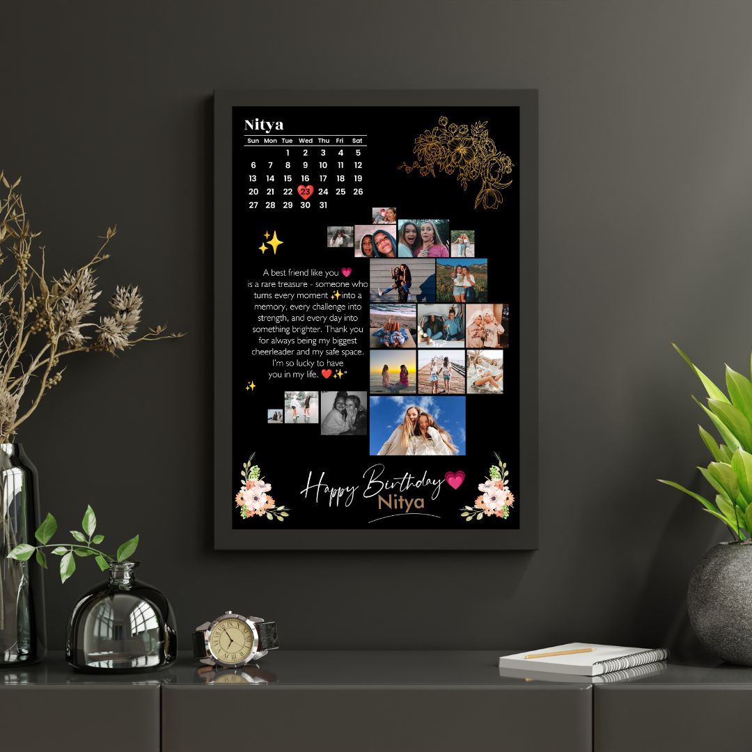 Black personalized photo collage frame by MyXposure displaying multiple cherished photos in a stylish arrangement.